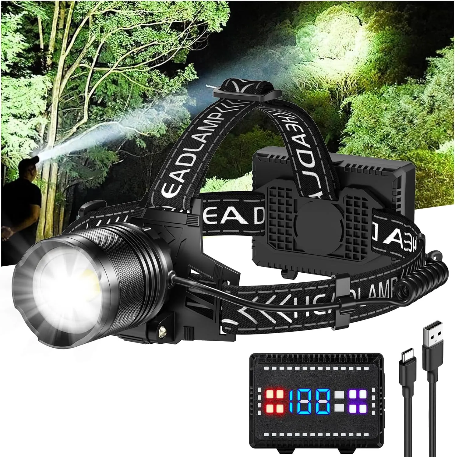 Cinlinso Headlamp Rechargeable, 3000 Lumens Super Bright LED Head Lamp with 4 Modes, 90° Adjustable Head Lights for Forehead, IPX6 Waterproof HeadLamps for Adults Camping Hunting