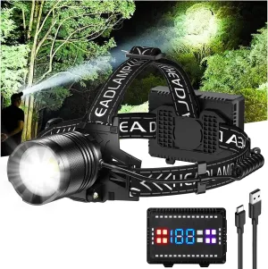 Cinlinso Headlamp Rechargeable, 3000 Lumens Super Bright LED Head Lamp with 4 Modes, 90° Adjustable Head Lights for Forehead, IPX6 Waterproof HeadLamps for Adults Camping Hunting