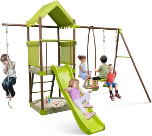 Costzon 450lbs Swing Sets for Backyard, 7-in-1 Heavy Duty Metal Swing Set with Slide, Upper Deck with Canopy, Sandbox, Climbing Rope, Glider and Swing, Outdoor Playset for Playground, Gift for Kids