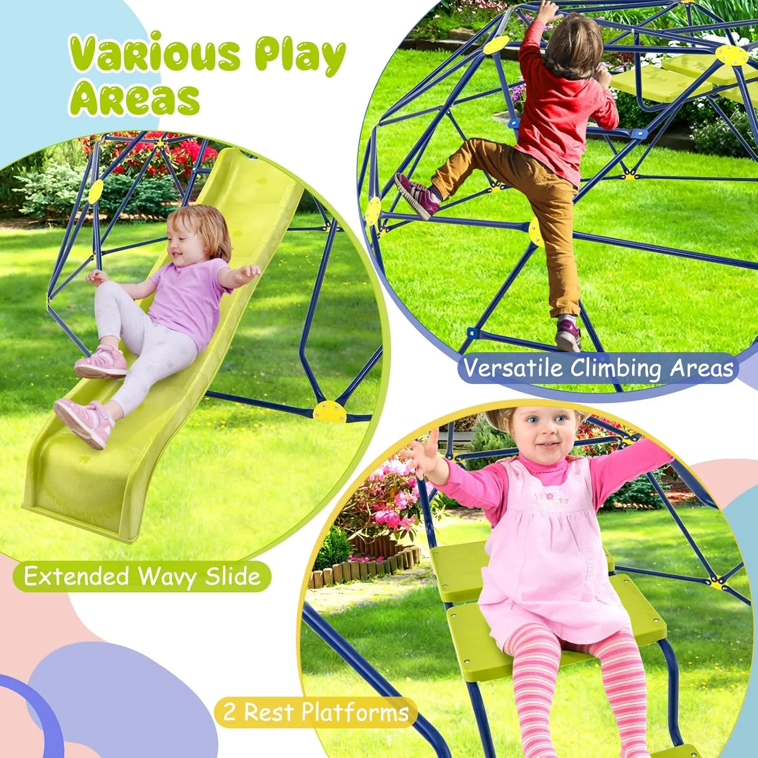 Costzon Kids Climbing Dome with Extended Wavy Slide, 13.3FT Kids Jungle Gym Monkey Bar for Outdoor, Indoor Geometric Dome Climber Playground, Climbing Toys for 3-10 Boys Girls Backyard Gift