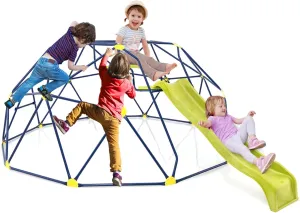Costzon Kids Climbing Dome with Extended Wavy Slide, 13.3FT Kids Jungle Gym Monkey Bar for Outdoor, Indoor Geometric Dome Climber Playground, Climbing Toys for 3-10 Boys Girls Backyard Gift