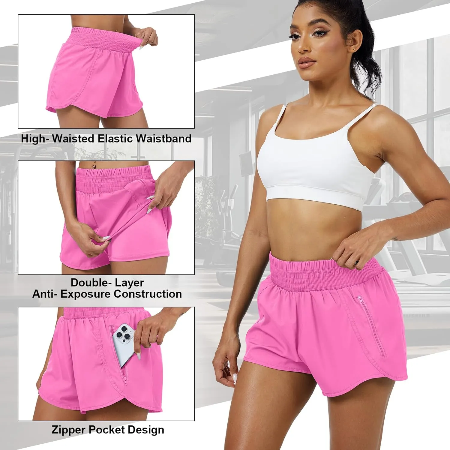 Coume 3 Pack Women's 2 in 1 Running Shorts with Zipper Pockets 2.5" High Waisted Quick Dry Athletic Workout Gym Summer Shorts