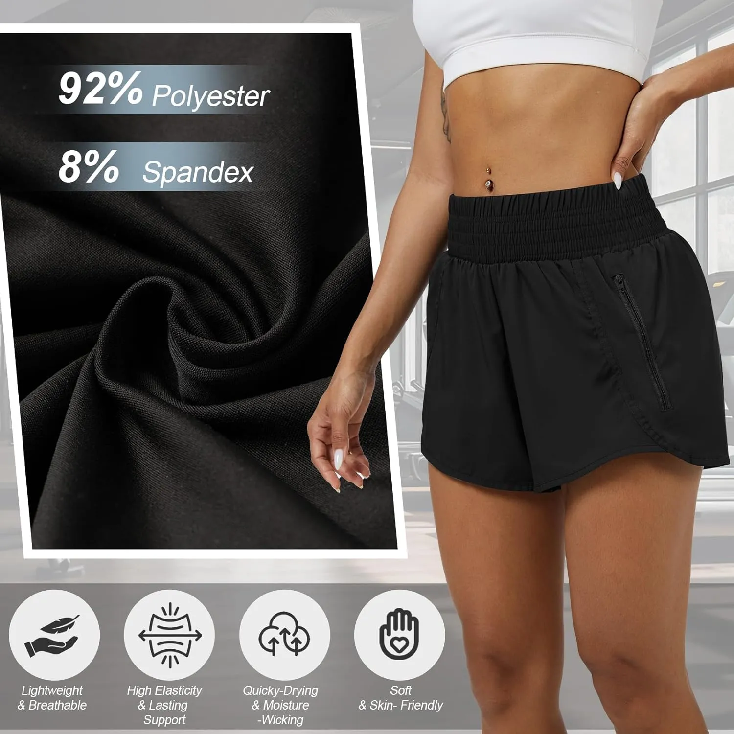 Coume 3 Pack Women's 2 in 1 Running Shorts with Zipper Pockets 2.5" High Waisted Quick Dry Athletic Workout Gym Summer Shorts