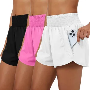 Coume 3 Pack Women's 2 in 1 Running Shorts with Zipper Pockets 2.5" High Waisted Quick Dry Athletic Workout Gym Summer Shorts