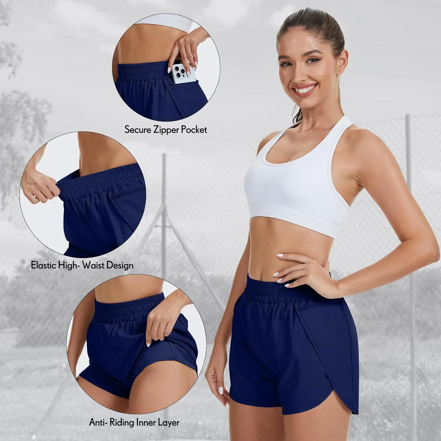 Coume 3 Pack Women's Running Shorts with Pockets Quick Dry Elastic Waist Athletic Workout Gym 1.75" Shorts with Liner