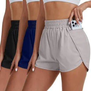 Coume 3 Pack Women's Running Shorts with Pockets Quick Dry Elastic Waist Athletic Workout Gym 1.75" Shorts with Liner