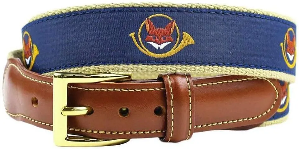COUNTRY CLUB PREP Fox and Horn Leather Tab Belt in Navy on Khaki Canvas