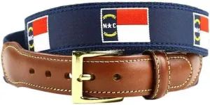 COUNTRY CLUB PREP North Carolina Flag Leather Tab Belt in Navy on Navy Canvas