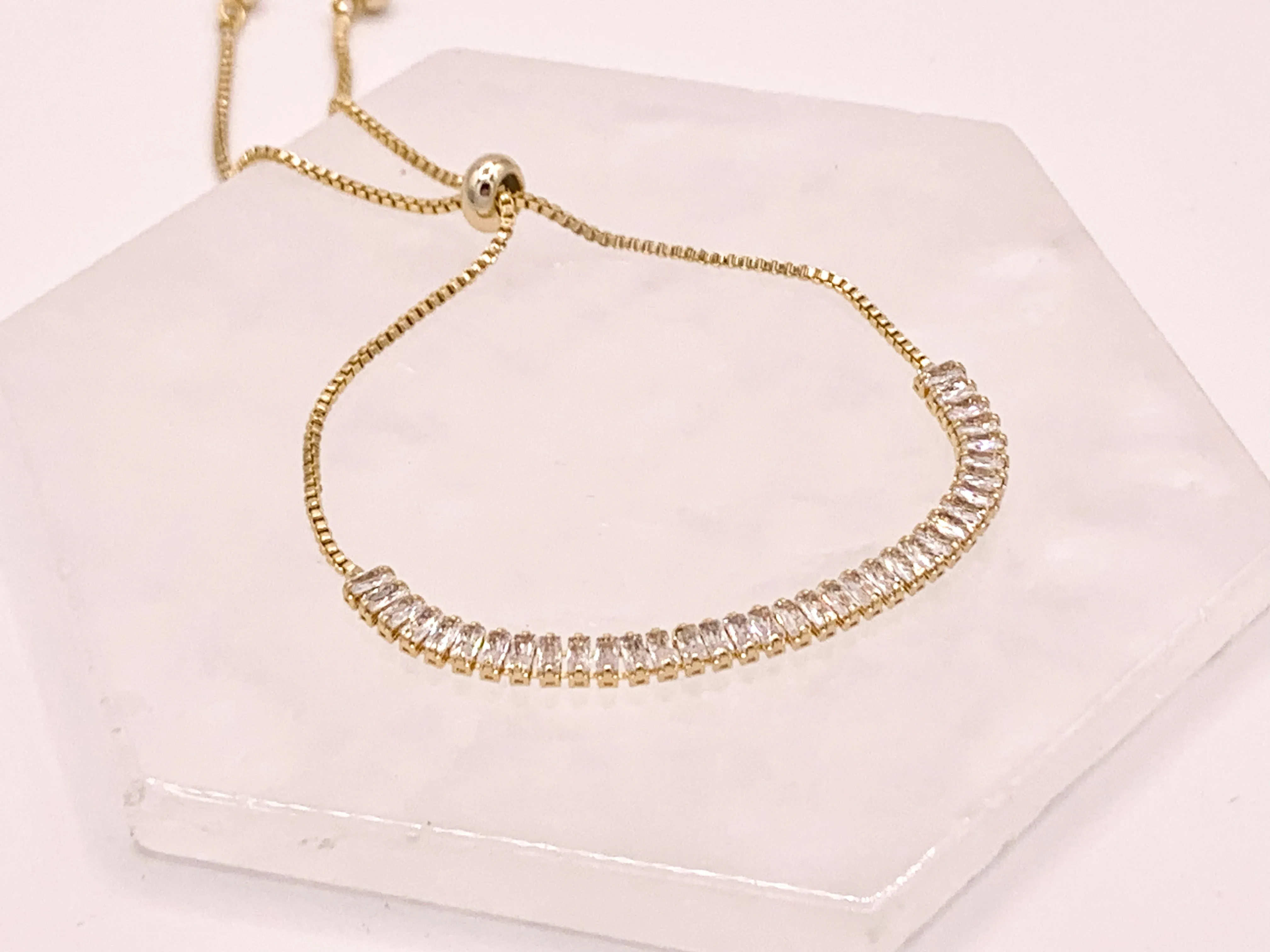 Dainty Baguette Cut CZ Pave Rhinestone Box Chain Dainty Slide Adjustable Bracelets 4 pcs