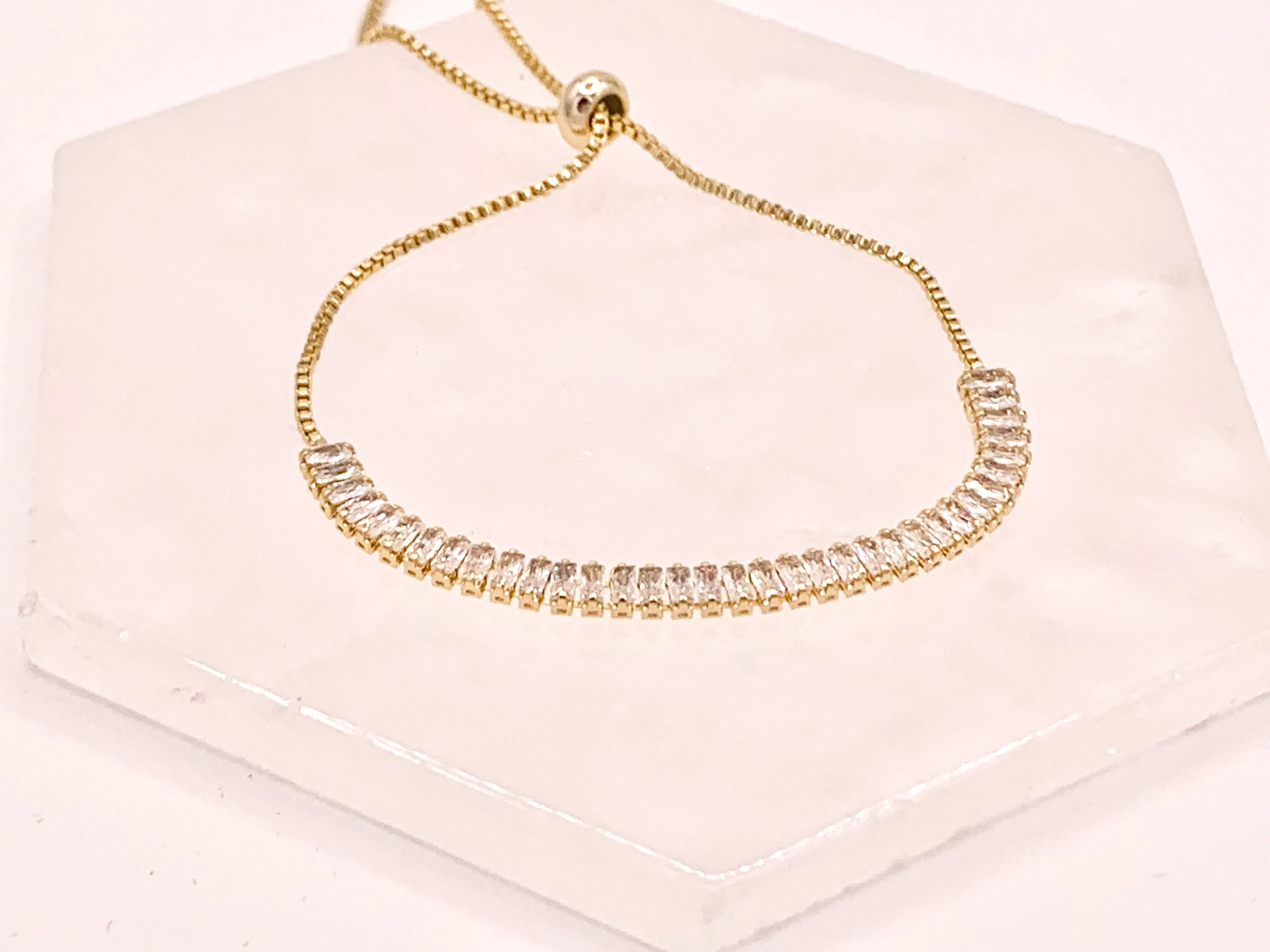 Dainty Baguette Cut CZ Pave Rhinestone Box Chain Dainty Slide Adjustable Bracelets 4 pcs