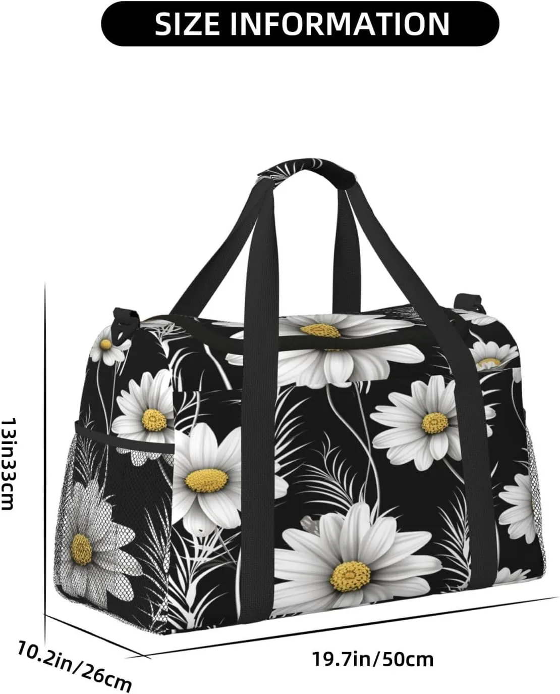 Daisy Flower Black Travel Duffel Bag with Strap Multi Pockets Sports Bag Handbag Large Shoulder Bag for Gym Weekend Fitness Camping