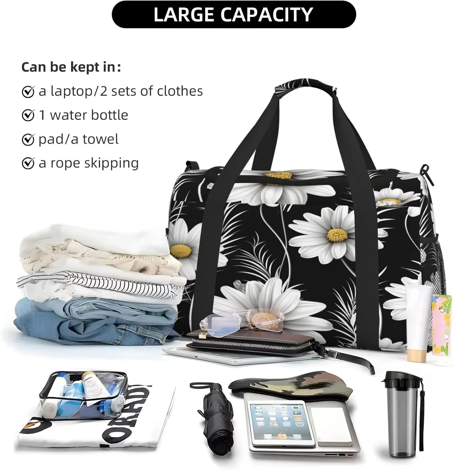 Daisy Flower Black Travel Duffel Bag with Strap Multi Pockets Sports Bag Handbag Large Shoulder Bag for Gym Weekend Fitness Camping