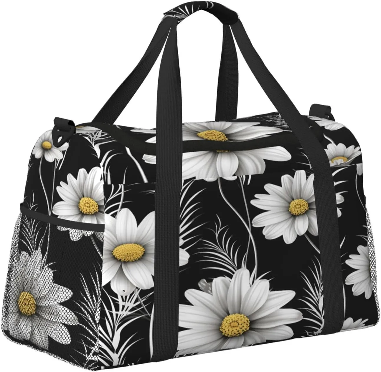 Daisy Flower Black Travel Duffel Bag with Strap Multi Pockets Sports Bag Handbag Large Shoulder Bag for Gym Weekend Fitness Camping