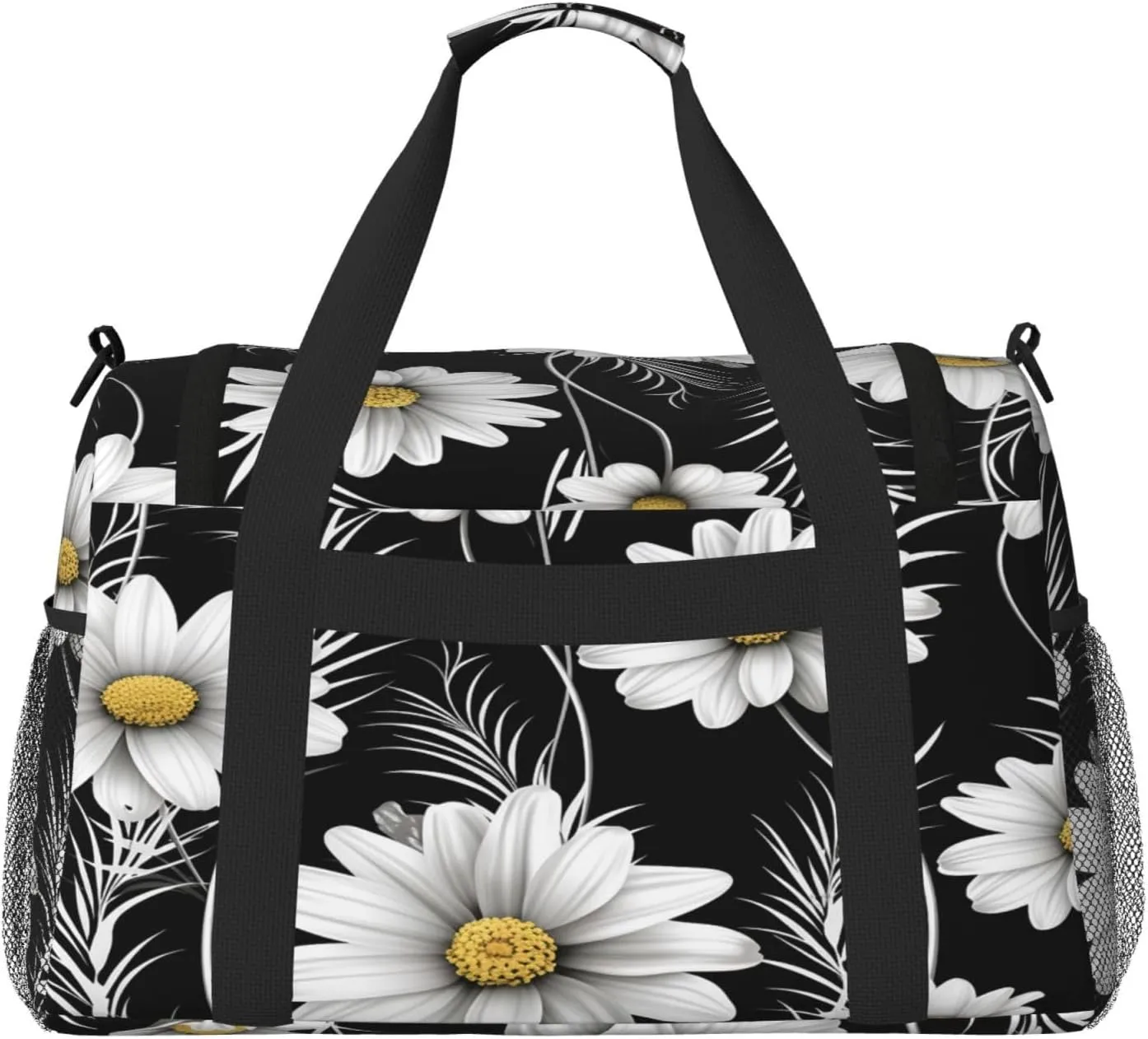 Daisy Flower Black Travel Duffel Bag with Strap Multi Pockets Sports Bag Handbag Large Shoulder Bag for Gym Weekend Fitness Camping