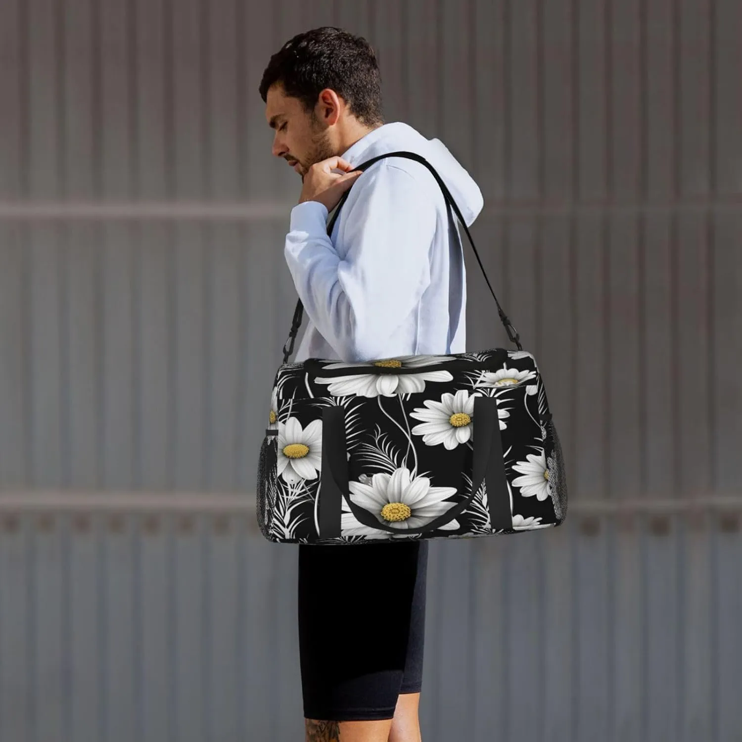 Daisy Flower Black Travel Duffel Bag with Strap Multi Pockets Sports Bag Handbag Large Shoulder Bag for Gym Weekend Fitness Camping