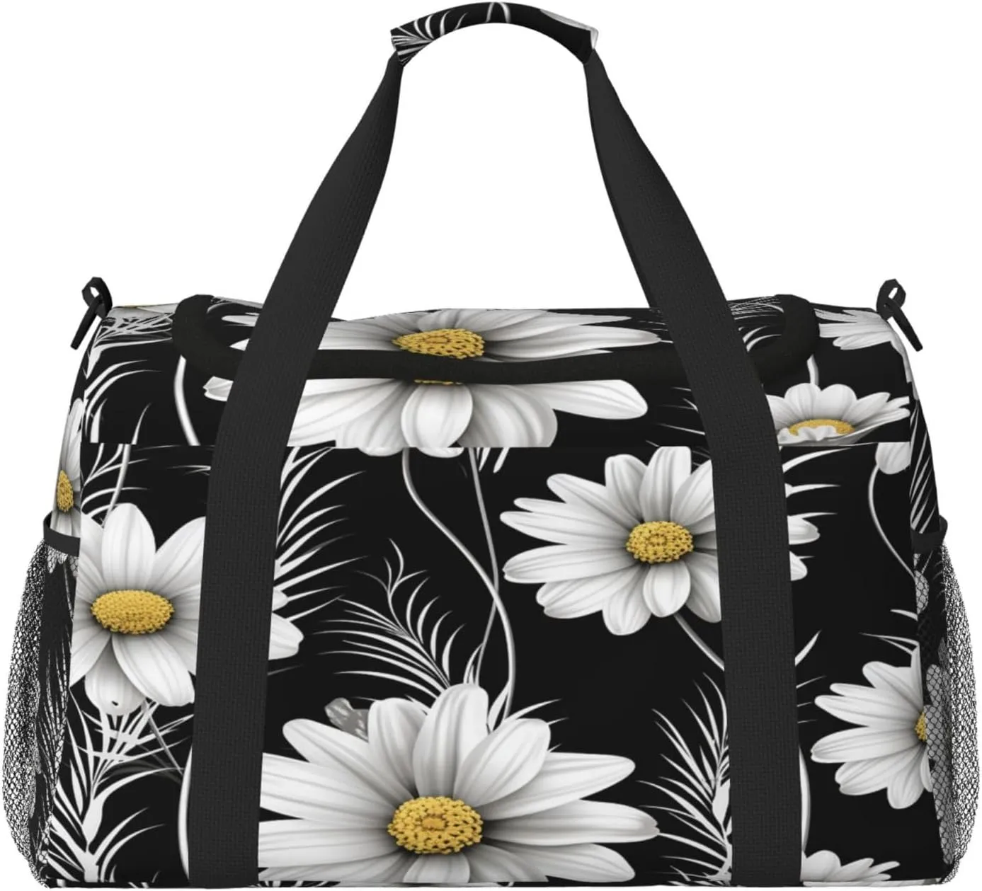 Daisy Flower Black Travel Duffel Bag with Strap Multi Pockets Sports Bag Handbag Large Shoulder Bag for Gym Weekend Fitness Camping