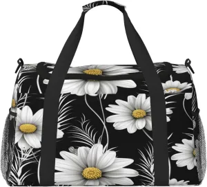 Daisy Flower Black Travel Duffel Bag with Strap Multi Pockets Sports Bag Handbag Large Shoulder Bag for Gym Weekend Fitness Camping