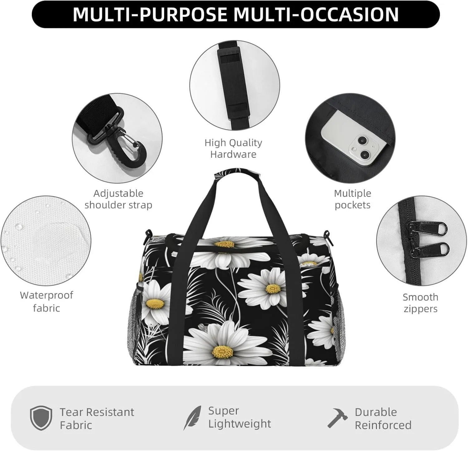 Daisy Flower Black Travel Duffel Bag with Strap Multi Pockets Sports Bag Handbag Large Shoulder Bag for Gym Weekend Fitness Camping