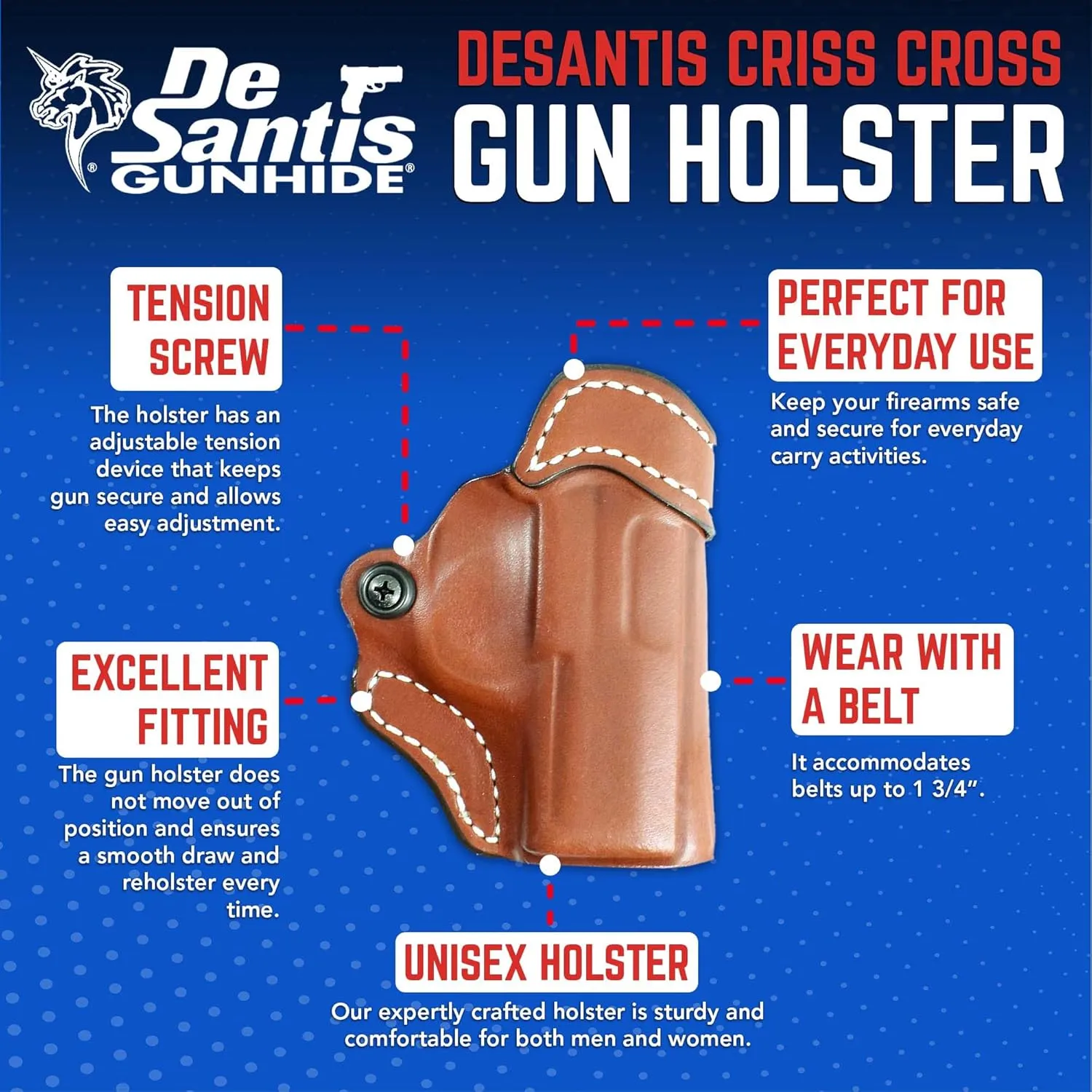 DeSantis Criss-Cross OWB Holster - Holster OWB, Leather Pistol Holster, Open Carry Holster for Men & Women, Quick Draw, Adjustable