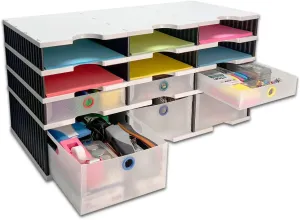 Desktop Organizer 9 Letter Tray Sorter PLUS Riser Base, 3 Supply & 3 Storage Drawers - TierDrop PLUS Stores All of Your Documents & Supplies in Clear View & Within Arm's Reach Using Minimal Desk Space
