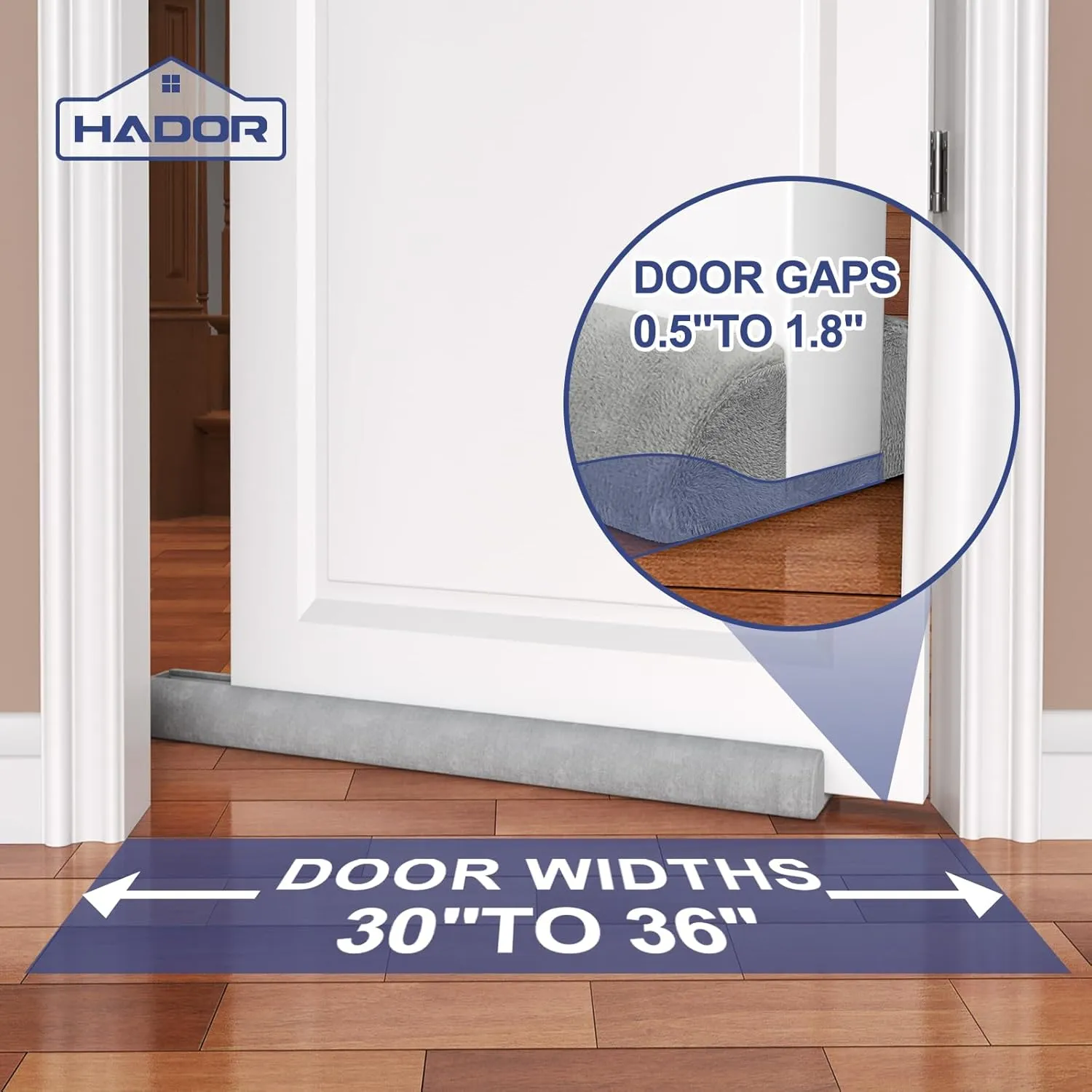 Door Draft Stopper for Bottom of Door, 36 Inch Under Draft Air Noise Light Blocker 30"- 36" Double Side Triangle Soundproof Sweep Filler Seal Gap up to 1.7" for Patio Sliding Door Guard, Grey
