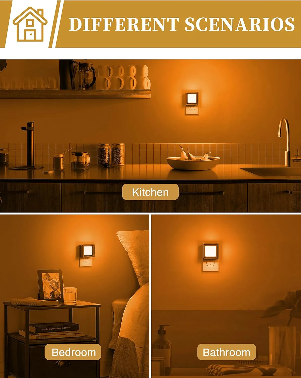DORESshop Orange Night Lights [2 Pack], Plug Into Wall, Dusk to Dawn Sensor, LED Night Light Adjustable Brightness, Bedroom, Bathroom, Hallway, Stairs, Halloween, Party