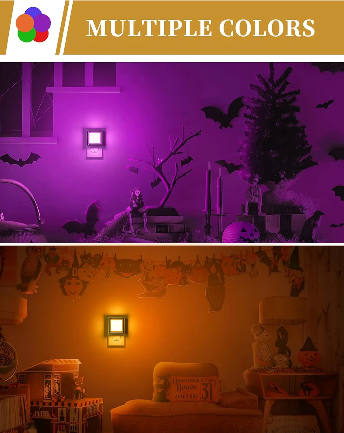DORESshop Orange Night Lights [2 Pack], Plug Into Wall, Dusk to Dawn Sensor, LED Night Light Adjustable Brightness, Bedroom, Bathroom, Hallway, Stairs, Halloween, Party