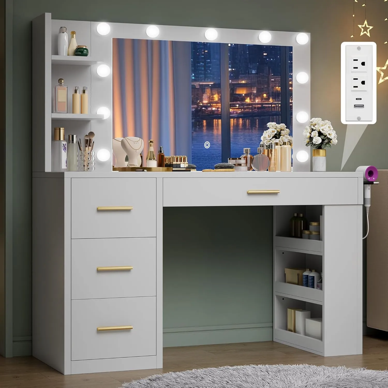 DWVO Vanity Desk with Mirror, Large Makeup Table with Power Outlets, 11 LED Bulbs, 3 Adjustable Light Modes, 4 Drawers and Built-in Shelves, Hollywood Dressing Vanity Desk Set for Bedroom, White