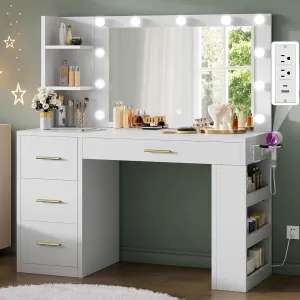 DWVO Vanity Desk with Mirror, Large Makeup Table with Power Outlets, 11 LED Bulbs, 3 Adjustable Light Modes, 4 Drawers and Built-in Shelves, Hollywood Dressing Vanity Desk Set for Bedroom, White