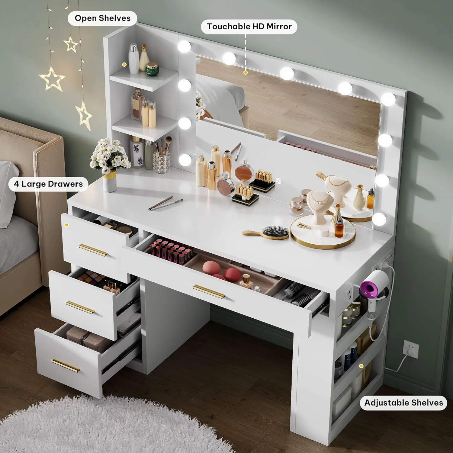 DWVO Vanity Desk with Mirror, Large Makeup Table with Power Outlets, 11 LED Bulbs, 3 Adjustable Light Modes, 4 Drawers and Built-in Shelves, Hollywood Dressing Vanity Desk Set for Bedroom, White