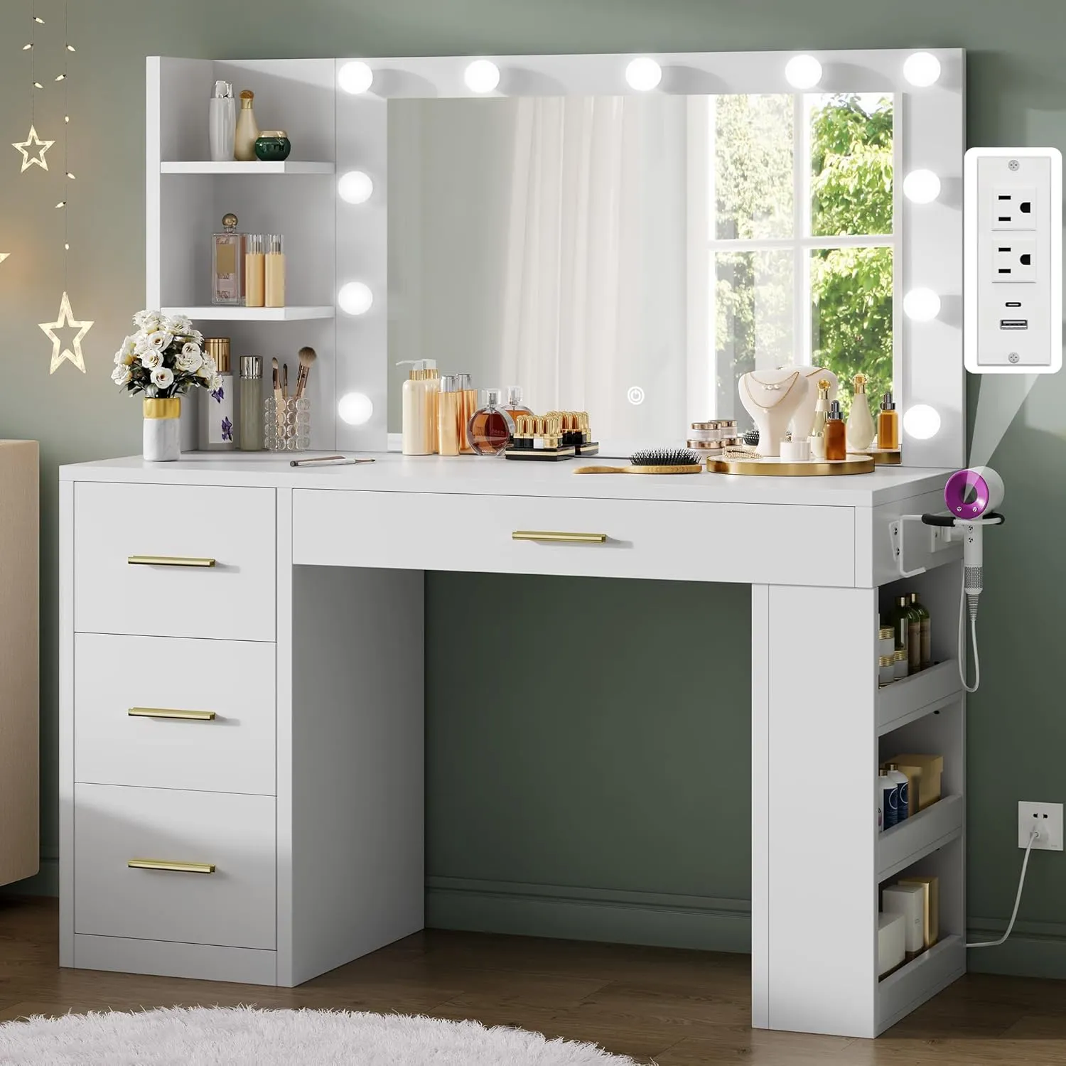 DWVO Vanity Desk with Mirror, Large Makeup Table with Power Outlets, 11 LED Bulbs, 3 Adjustable Light Modes, 4 Drawers and Built-in Shelves, Hollywood Dressing Vanity Desk Set for Bedroom, White