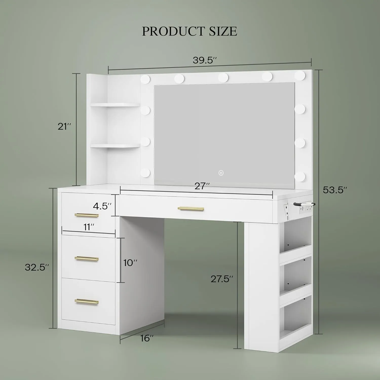 DWVO Vanity Desk with Mirror, Large Makeup Table with Power Outlets, 11 LED Bulbs, 3 Adjustable Light Modes, 4 Drawers and Built-in Shelves, Hollywood Dressing Vanity Desk Set for Bedroom, White