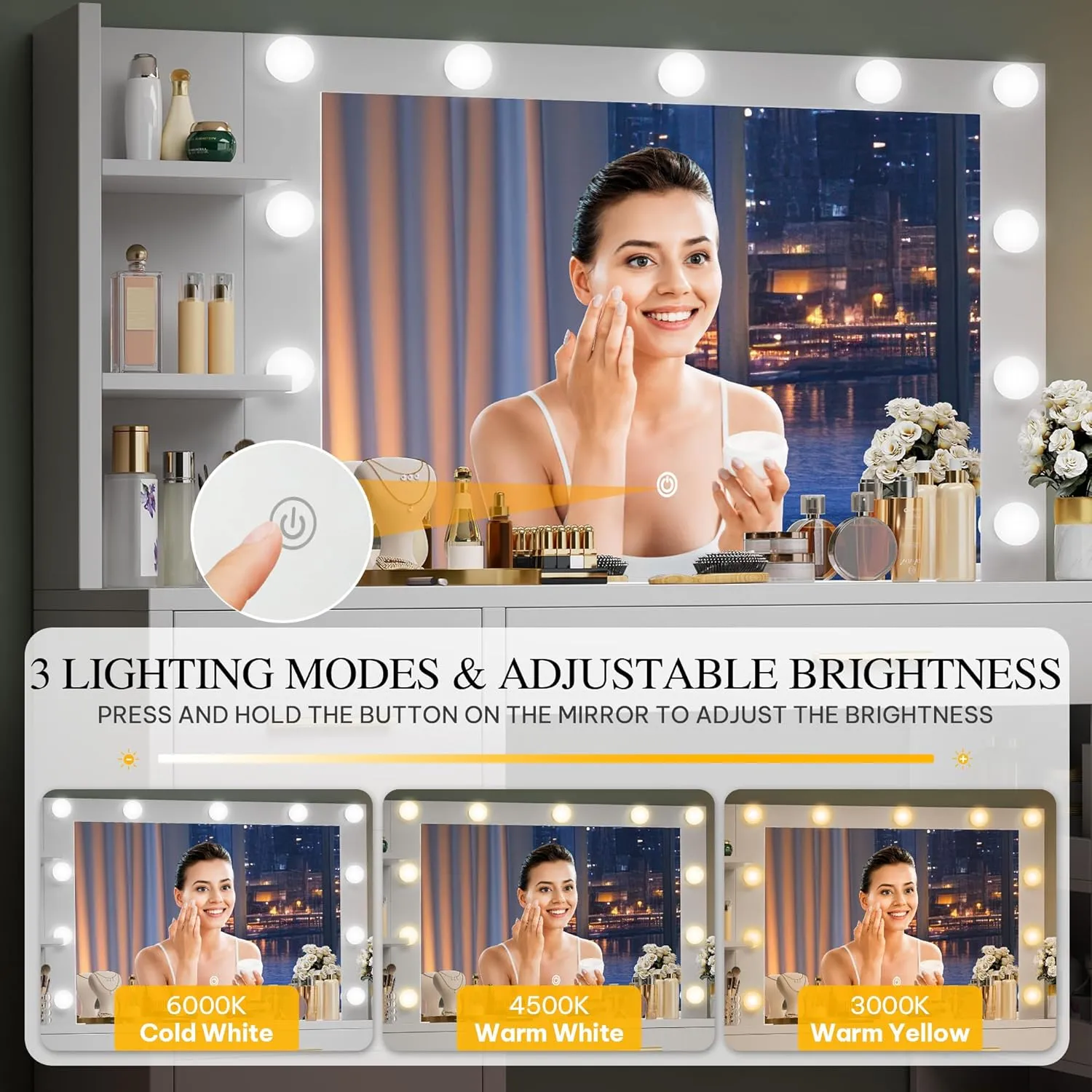 DWVO Vanity Desk with Mirror, Large Makeup Table with Power Outlets, 11 LED Bulbs, 3 Adjustable Light Modes, 4 Drawers and Built-in Shelves, Hollywood Dressing Vanity Desk Set for Bedroom, White