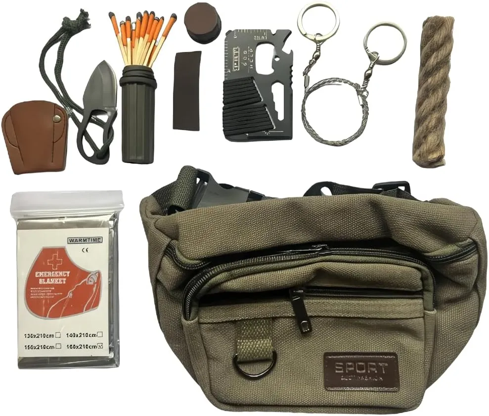 eGreen Fire Starter Weather Proof Matches Emergency Blanket Saw Wire Multiple Purpose Tool Wax Rope Waist Bag for Hiking Camping Bushcraft (Matches Big Rope Saw Tool Knife Blanket Bag)