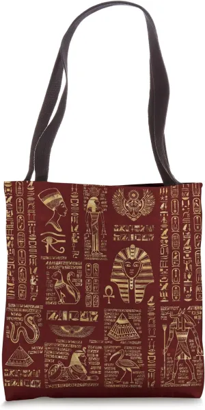 Egyptian hieroglyphs and deities on red Tote Bag