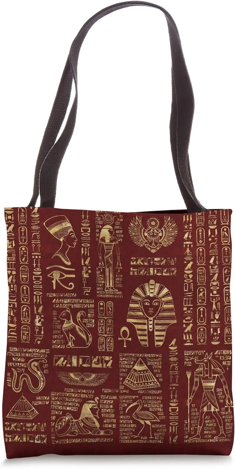 Egyptian hieroglyphs and deities on red Tote Bag