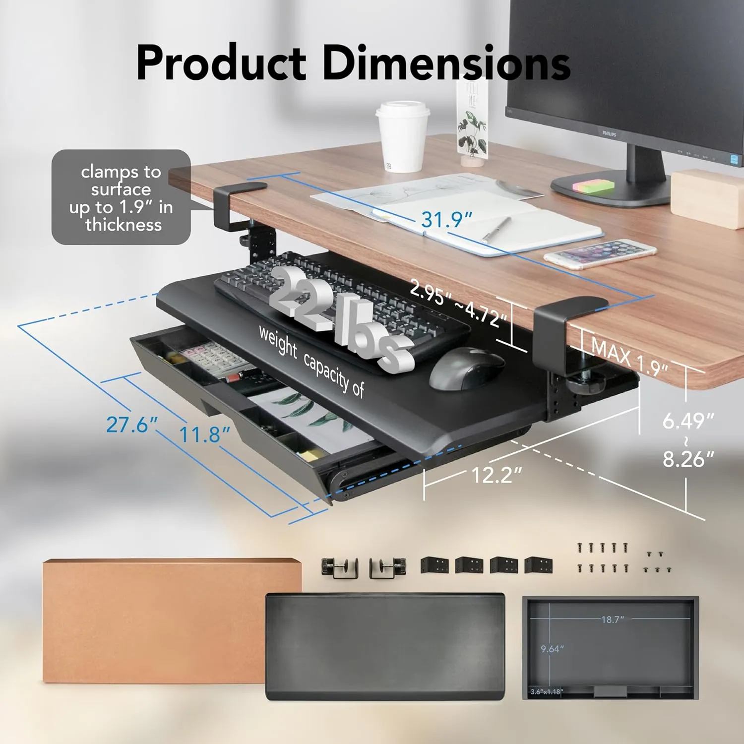EHO Keyboard Tray with Drawer - Clamp On Under Desk Pull Out Extender Table Attachment Platform with Storage Organizer, Large 27.5" (31.8" Including Clamps) x 12.2", Height Adjustable for Home Office