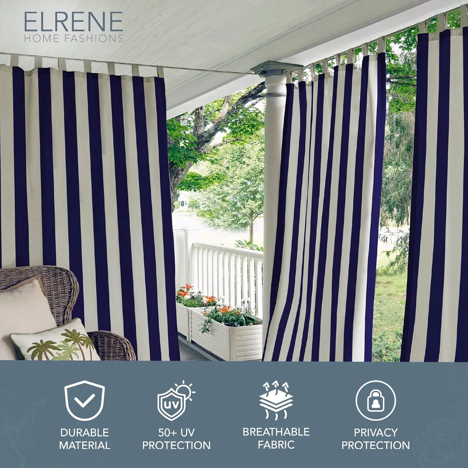 Elrene Home Fashions Highland Stripe Indoor/Outdoor Curtain Panel, 50 inches X 95 inches, Navy