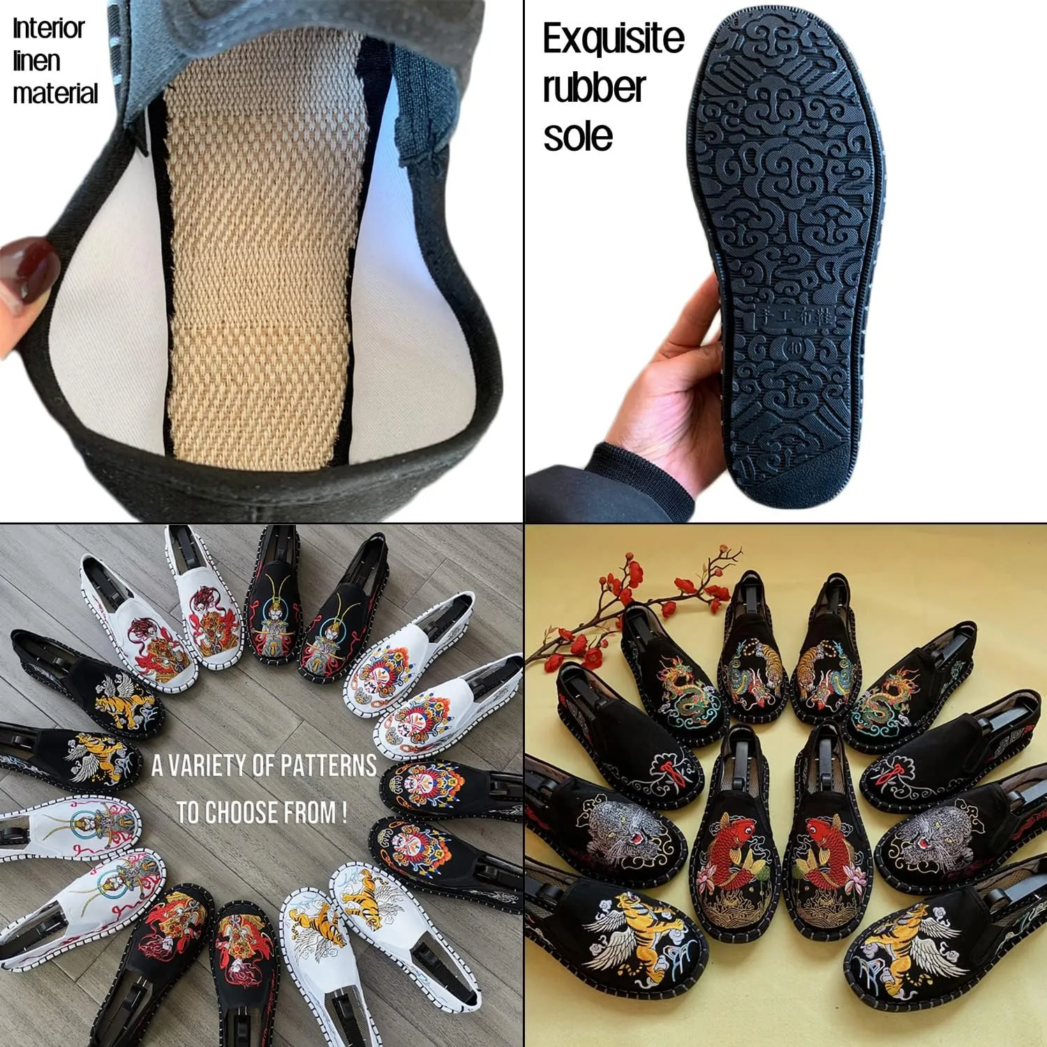 Embroidered Tai Chi Kung Fu Shoes, 12 Styles, Unisex Canvas Martial Arts Flats, Traditional Chinese Slip-On Sneakers with Non-Slip Sole for Men and Women