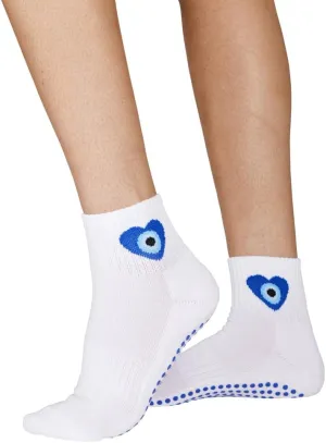Evil Eye Grip Socks for Pilates, Yoga, and Barre, Non-Slip Cotton Socks with Blue Evil Eye Design, Ideal for Workout