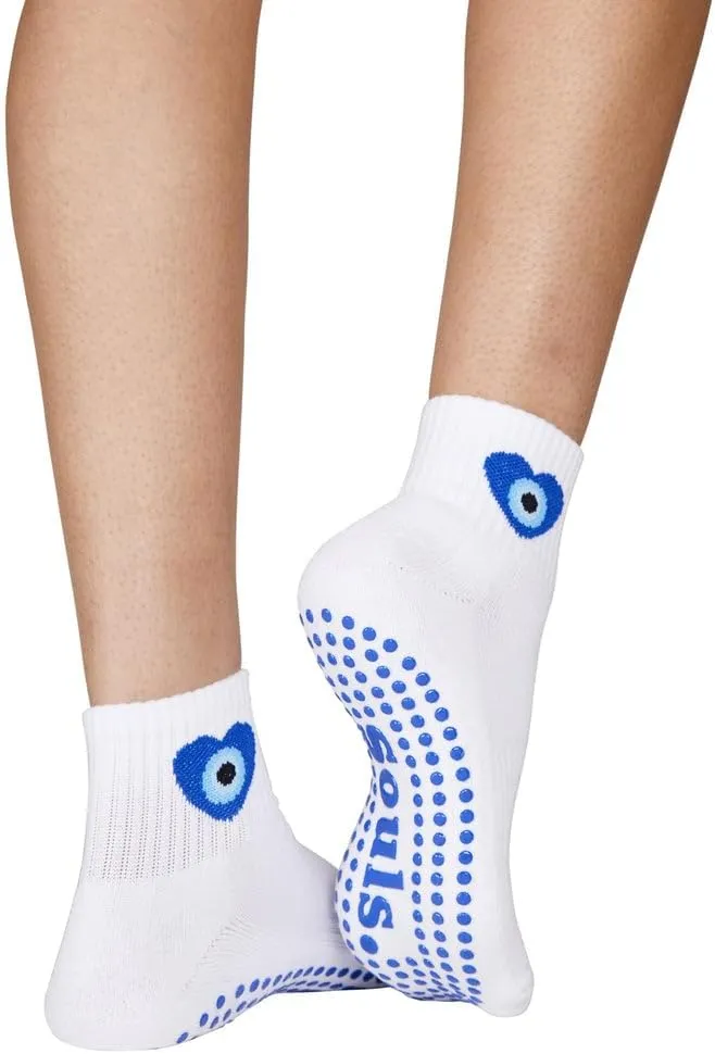 Evil Eye Grip Socks for Pilates, Yoga, and Barre, Non-Slip Cotton Socks with Blue Evil Eye Design, Ideal for Workout