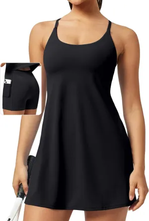 Ewedoos Tennis Dress Easy Peezy Dress Womens Athletic Dress Built-in Shorts & Bra U Neck Adjustable Straps Workout Dress