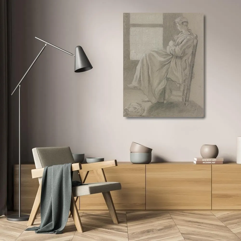 Friedrich Ludwig Hauck 19x24 Gallery Wrapped Canvas Museum Art Print Titled: Girl Sitting at the Window, Looking to the Left, in the Foreground on the Left There Is a Basket on the Floor