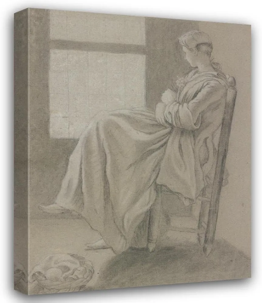 Friedrich Ludwig Hauck 19x24 Gallery Wrapped Canvas Museum Art Print Titled: Girl Sitting at the Window, Looking to the Left, in the Foreground on the Left There Is a Basket on the Floor