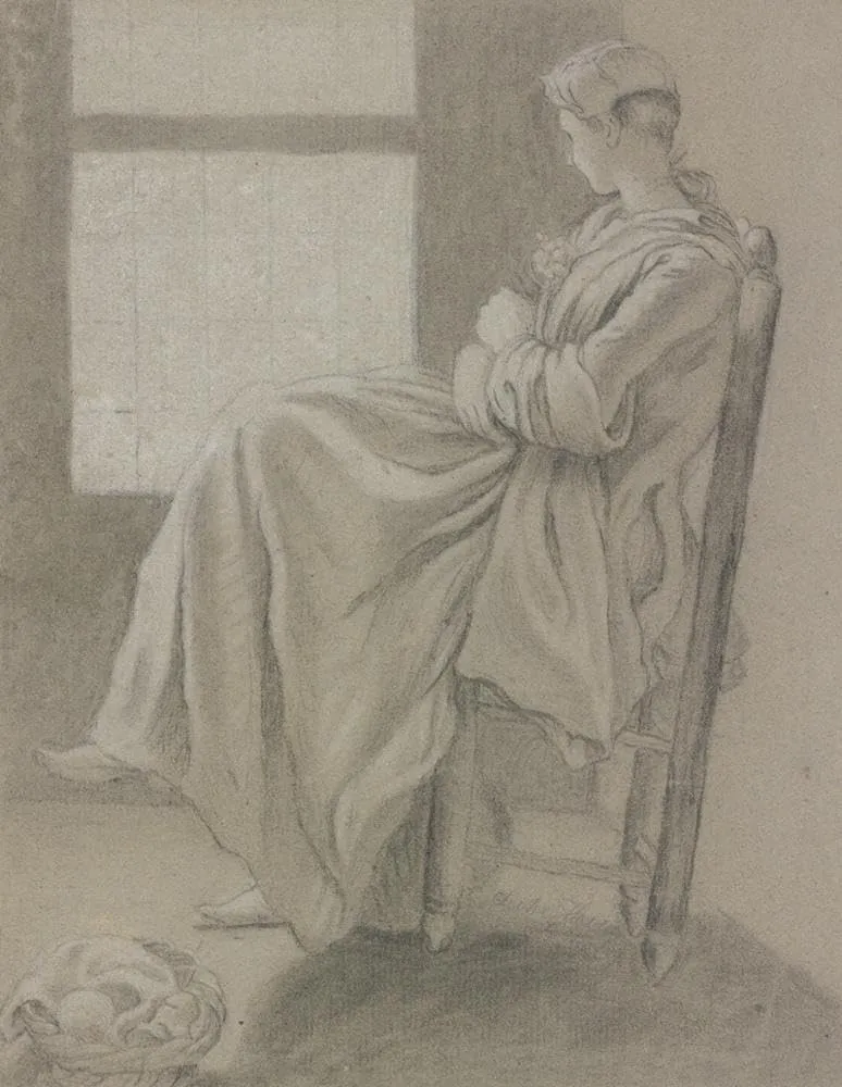 Friedrich Ludwig Hauck 19x24 Gallery Wrapped Canvas Museum Art Print Titled: Girl Sitting at the Window, Looking to the Left, in the Foreground on the Left There Is a Basket on the Floor