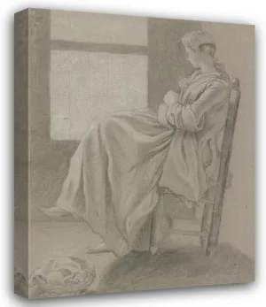Friedrich Ludwig Hauck 19x24 Gallery Wrapped Canvas Museum Art Print Titled: Girl Sitting at the Window, Looking to the Left, in the Foreground on the Left There Is a Basket on the Floor
