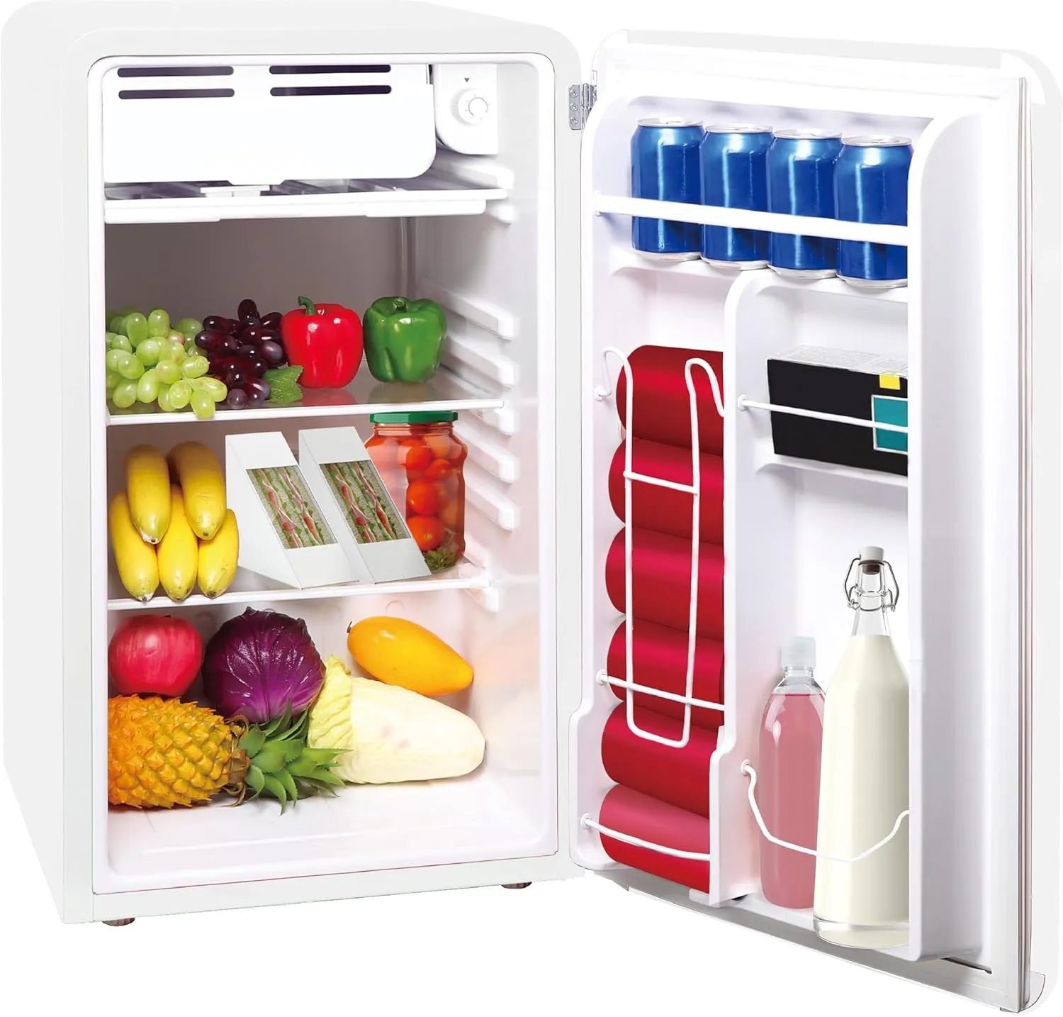 Frigidaire Retro Compact Refrigerator with Chiller, 3.2 cu ft Countertop Fridge, Built-In Bottle Opener, Rounded Corners, Premium, for Office, Bedroom, Dorm Room, Cabin, 18.5D x 20W x 31.5H (White)