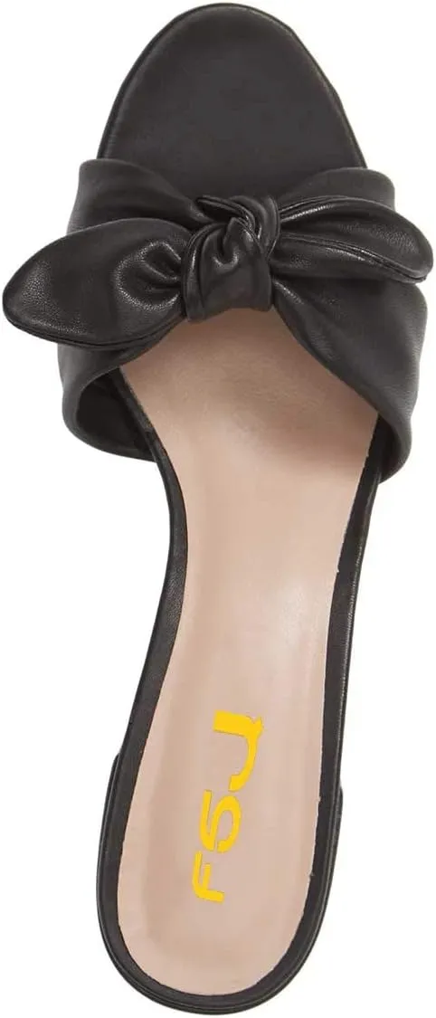 FSJ Women Cute Bowknot Open Toe Block Low Heel Slide Sandals Casual Summer Slippers Shoes Size 4-15 US