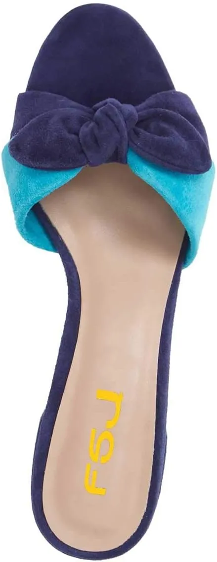 FSJ Women Cute Bowknot Open Toe Block Low Heel Slide Sandals Casual Summer Slippers Shoes Size 4-15 US