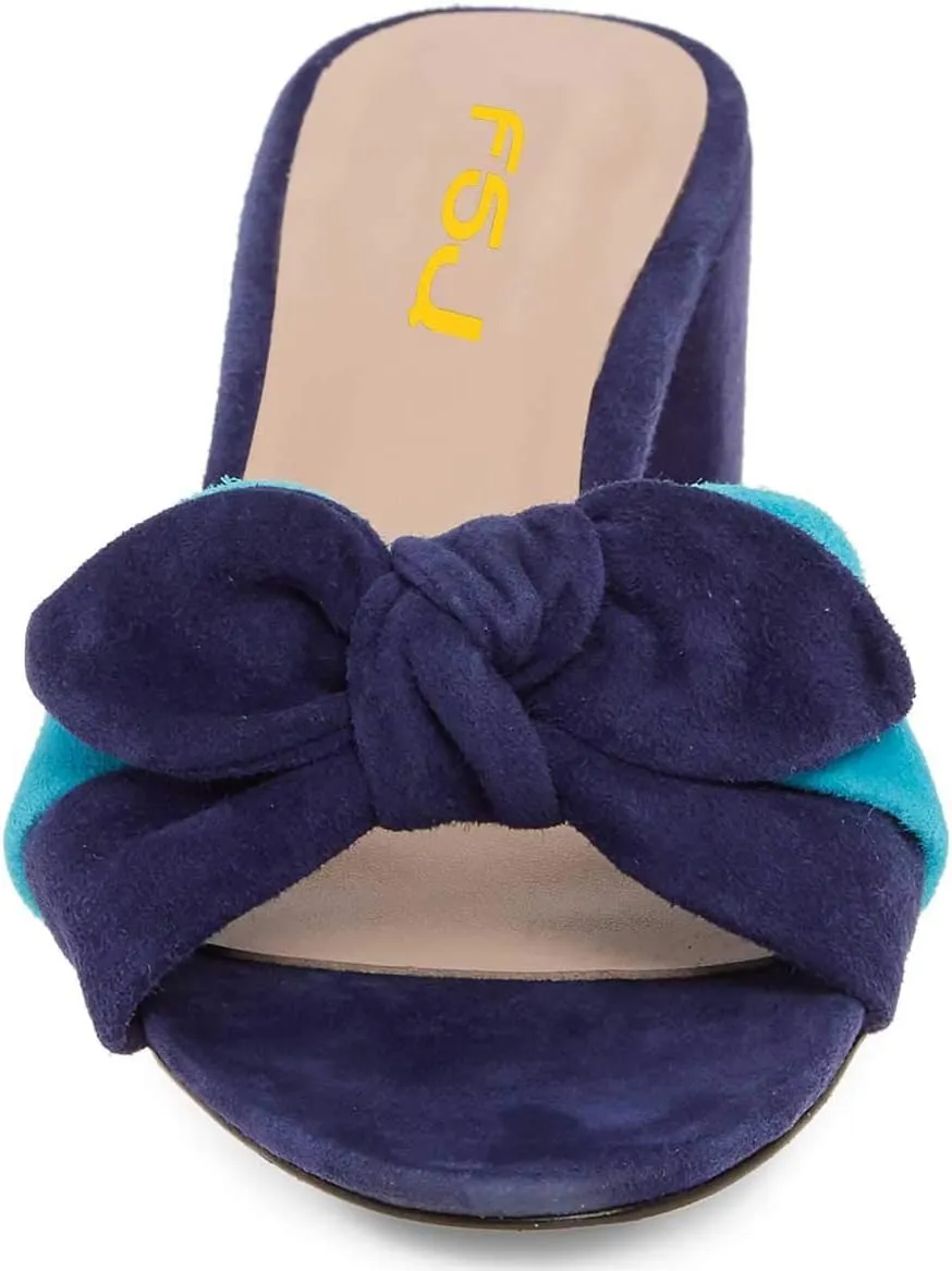 FSJ Women Cute Bowknot Open Toe Block Low Heel Slide Sandals Casual Summer Slippers Shoes Size 4-15 US